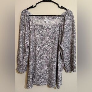 J Jill Women’s Paisley Scoop Neck Blouse in Light Gray and Pink L